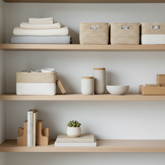 Smart organization storage solutions displayed on shelves with baskets, fabrics, and decorative items.