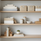 Smart organization storage solutions displayed on shelves with baskets, fabrics, and decorative items.