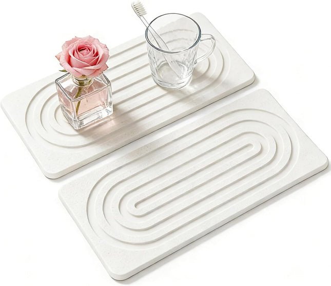 Quick Dry Stone Absorbent Trays with elegant design, perfect for kitchen or bathroom, showcasing flowers and glass.