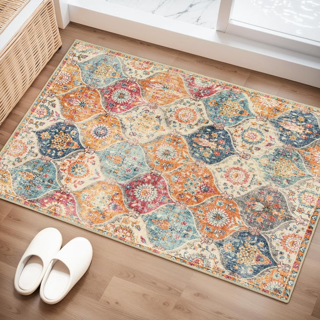 Moroccan Trellis Washable Rug, 2X3 Kitchen Rugs for Entryway Bathroom, Non-Slip Indoor Door Mat Ultra-Thin, Small Oriental Throw Carpet for Bedroom Entry Elise, Cream/Multi