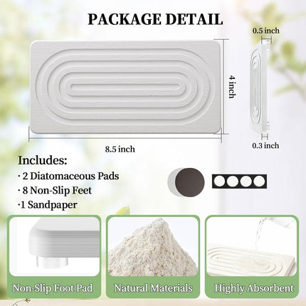 Quick dry absorbent trays package detail showing dimensions and included non-slip features.