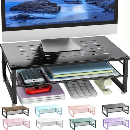 Desk Organizers and Accessories, 2-Tier Metal Monitor Stand Riser, Desk Organizer for Monitor, Office Desk Storage Organizer for Office Supplies (Black)