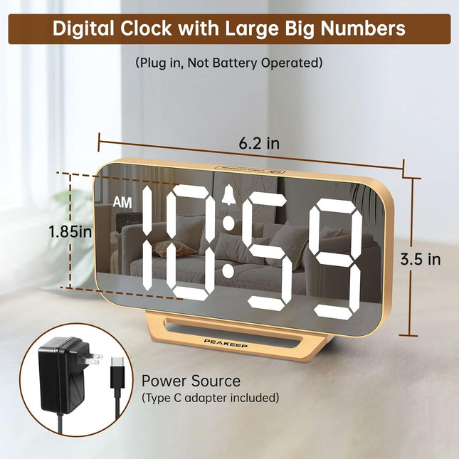 Slim Digital Mirror Aesthetic Alarm Clock for Bedrooms Desk Decor - Plug in Electric Big LED Modern Small Clock for Office Living Room, Battery Backup, 6 Dimmers (Gold)