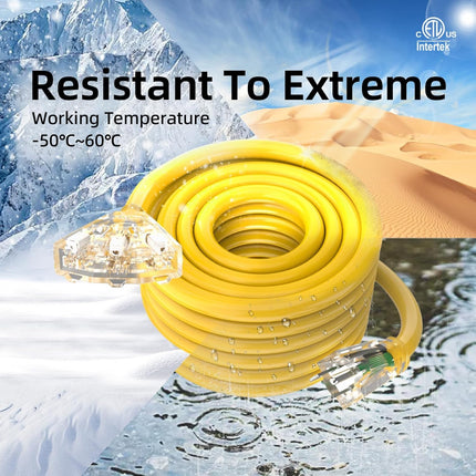 12FT 12 Gauge Heavy Duty Outdoor Extension Cord Waterproof with 3 Outlets Splitter & Lighted End, SJTW 15A 1875W 3 Prong Weatherproof Electric Cable Multi-Plug 3 Way Power Cord, ETL Listed for Outside