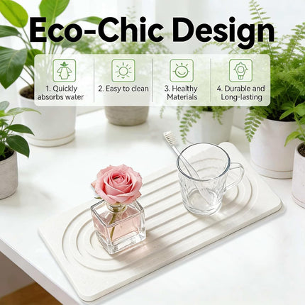 Eco-chic design featuring quick dry absorbent trays for home decor, showcasing its water absorption and stylish look.