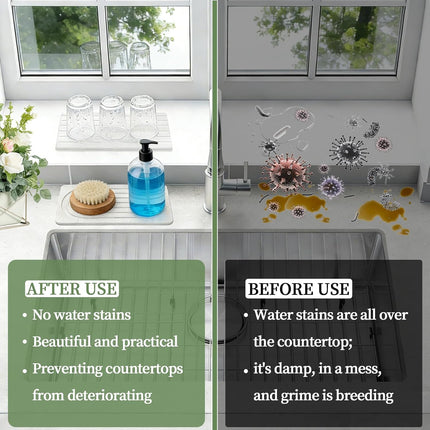 Quick dry absorbent trays comparison showing clean counter after use and messy counter before use.